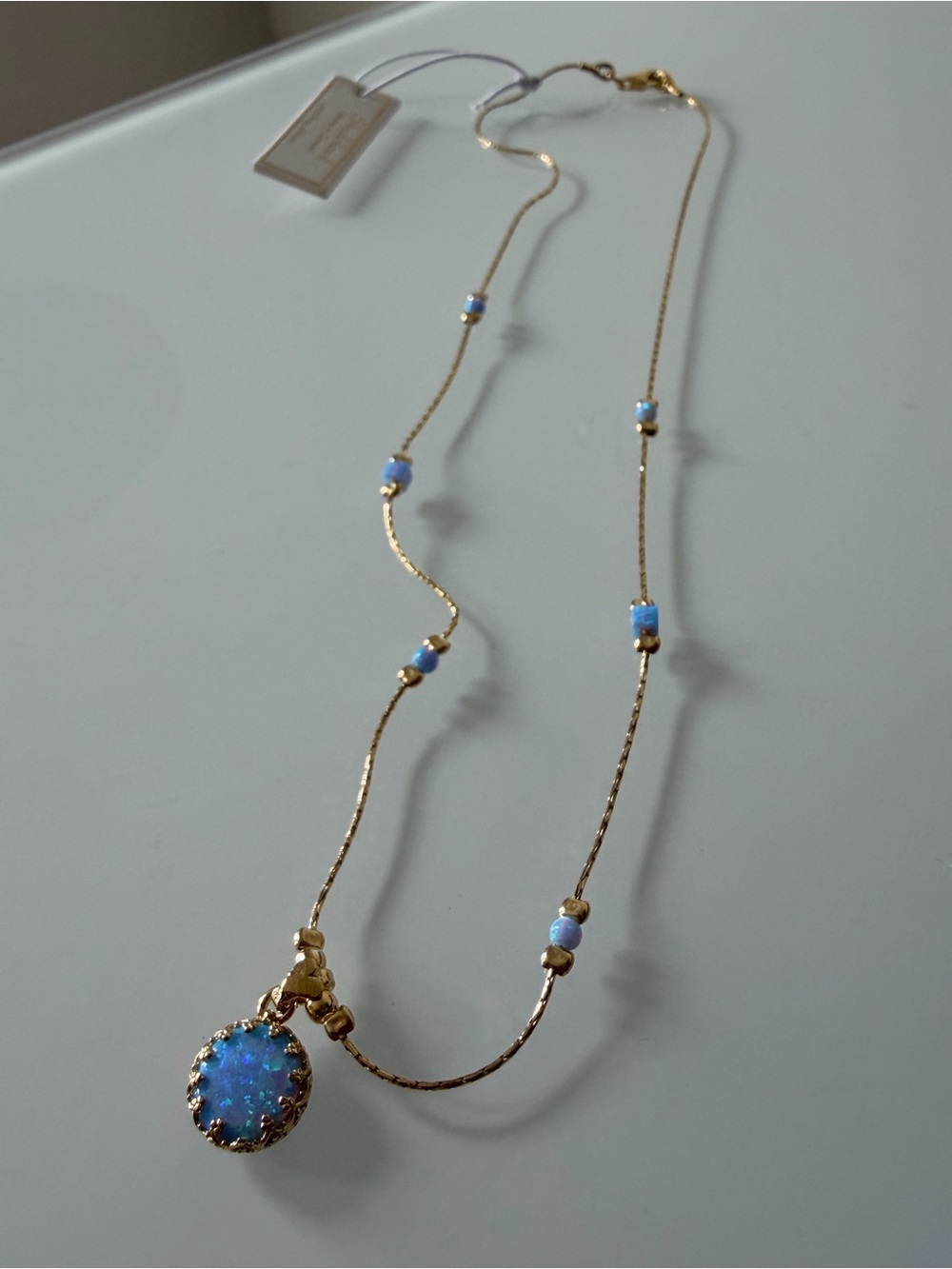 Blue Opal Pendant gold beaded Necklace
